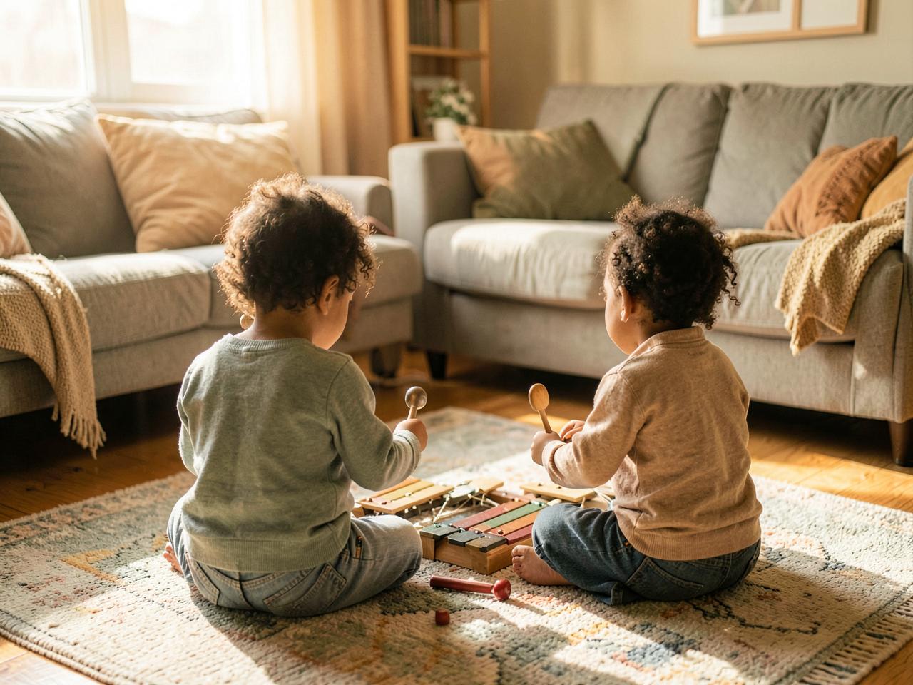 Deux enfants vus de dos jouent du xylophone et de petites percussions sur un tapis