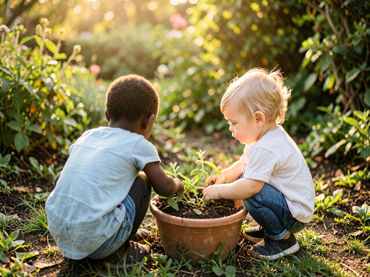 Deux enfants accroupis vus de dos touchent la terre et les feuilles d'une plante