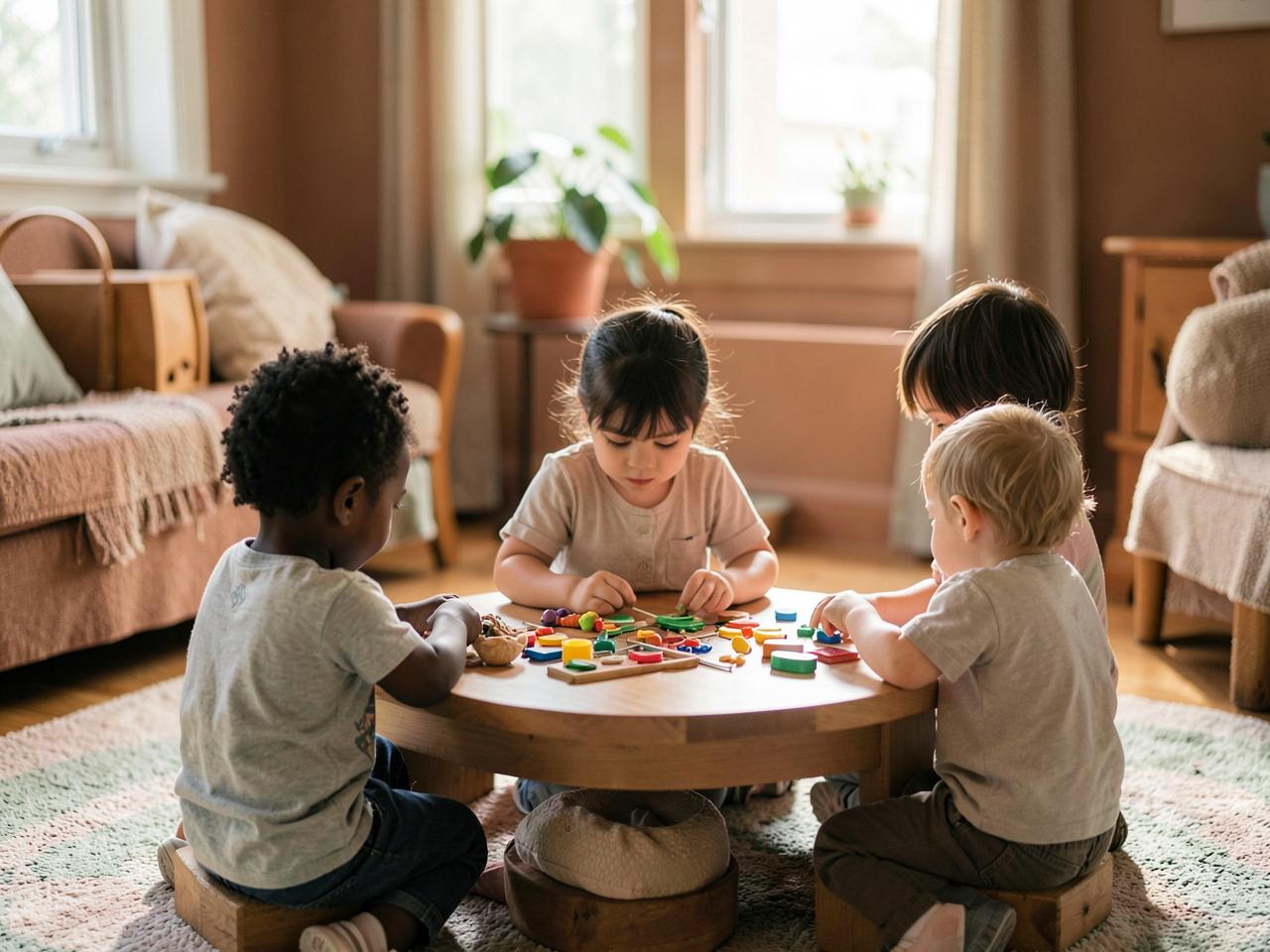 Trois jeunes enfants vus de dos manipulent des formes en bois colorées autour d'une table basse
