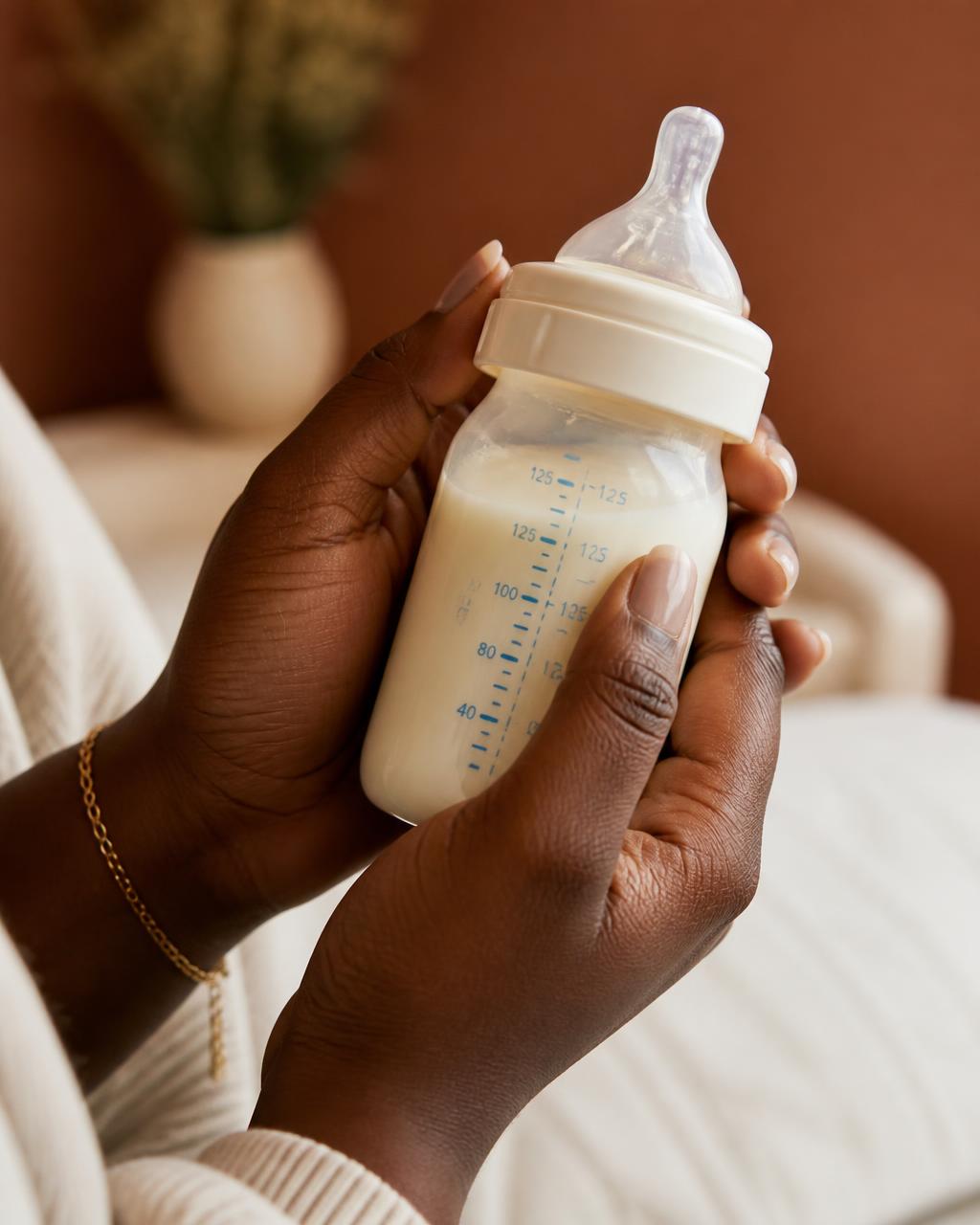 Bébé buvant calmement son biberon dans les bras d'une femme noire