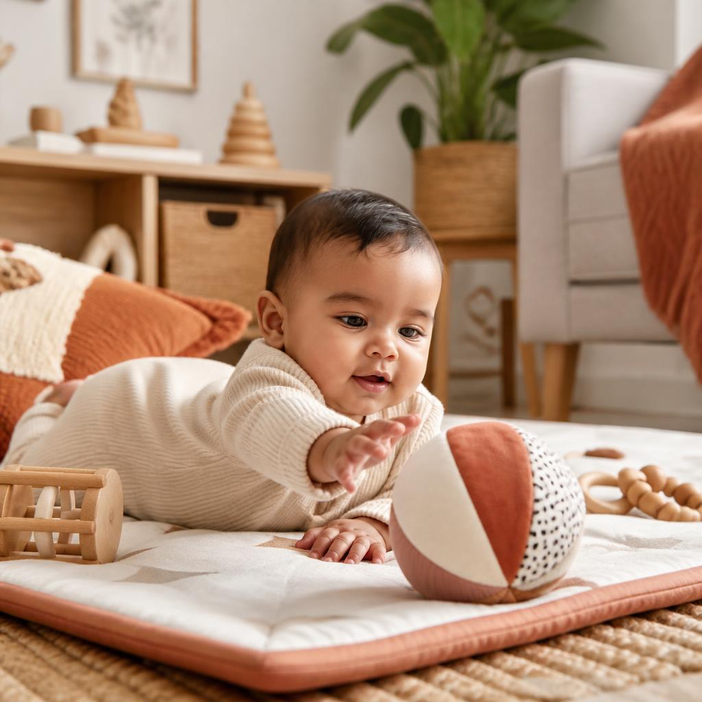 Bébé allongé sur un tapis d'éveil tendant la main vers une balle sensorielle
