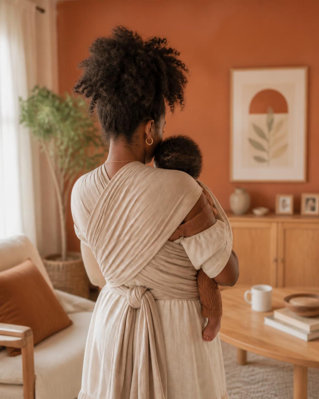Bébé porté en écharpe par une femme noire, vue de dos, dans un salon chaleureux