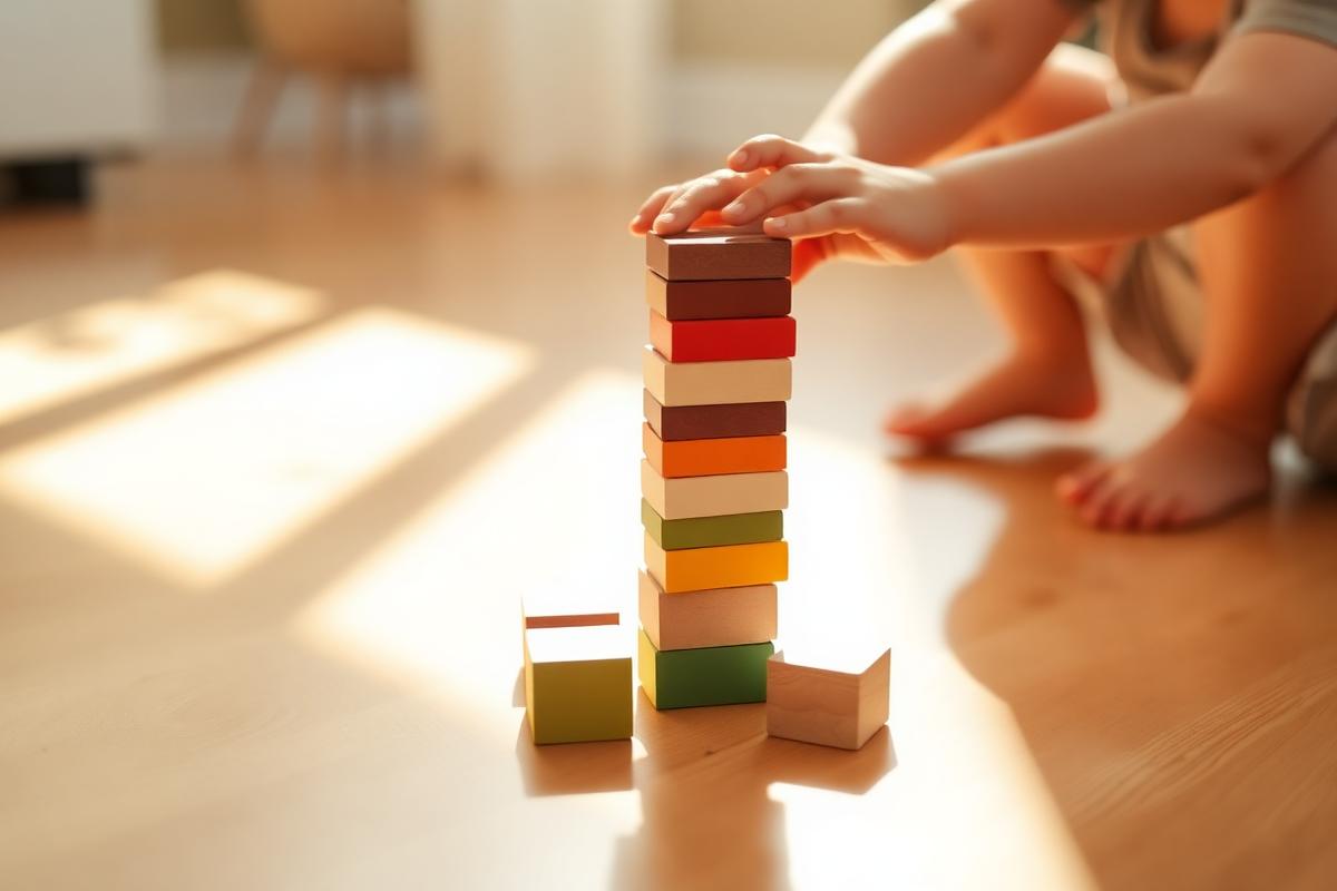 Mains d'un enfant qui empile des cubes en bois colorés au sol