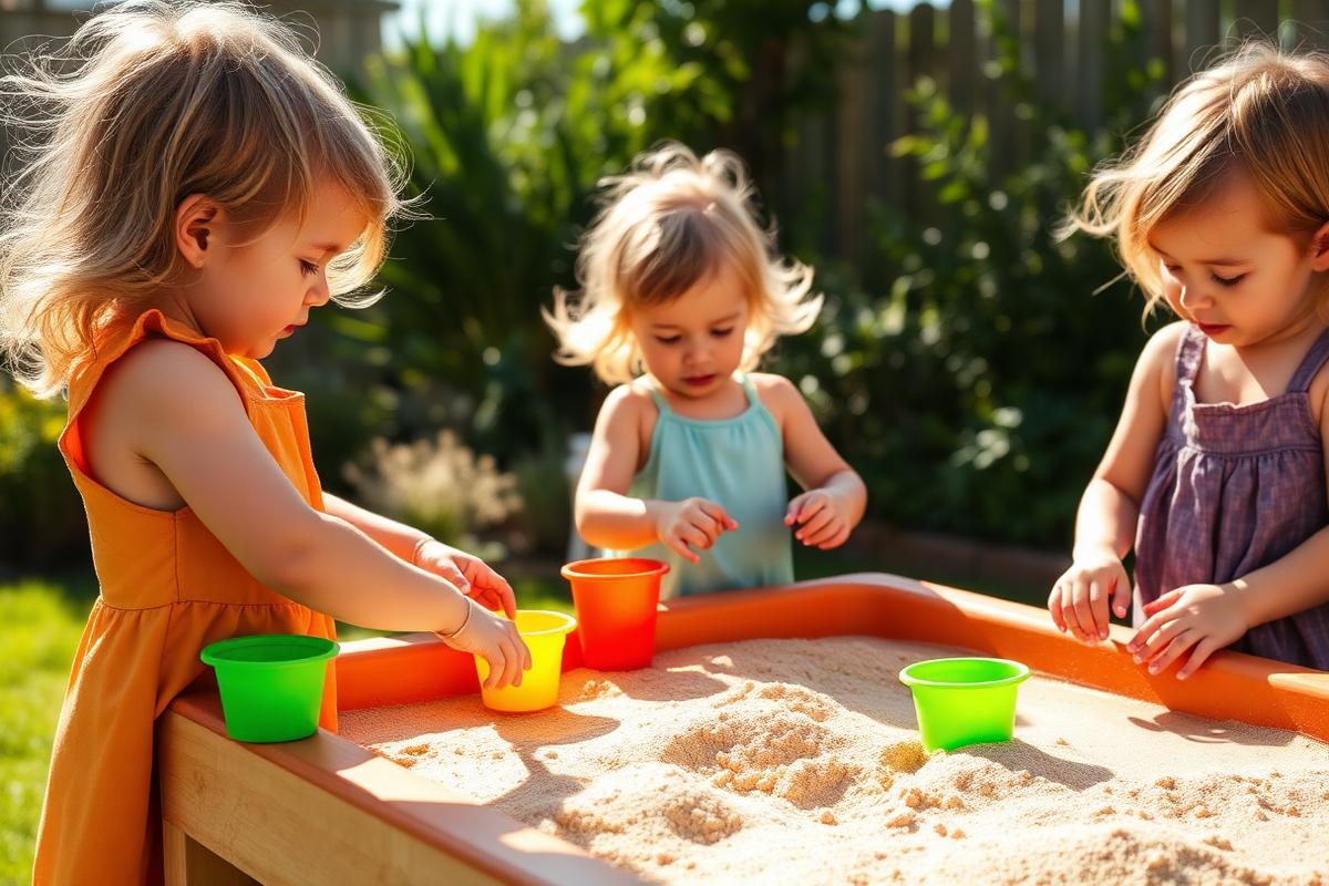 Enfants jouant dehors autour d'une table de jeu remplie de sable avec des gobelets colorés