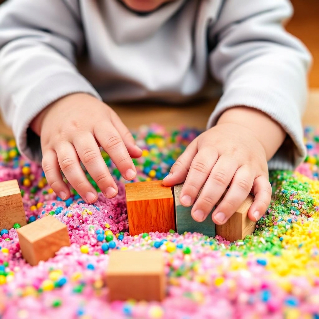 Mains d'enfant jouant avec du sable coloré et des cubes en bois