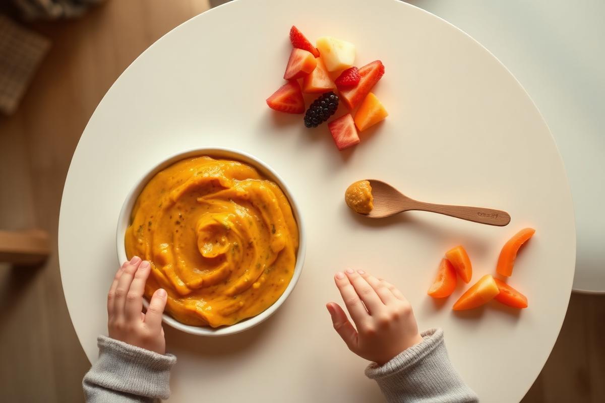 Repas d'enfant : purée de légumes maison, morceaux de fruits et cuillère en bois