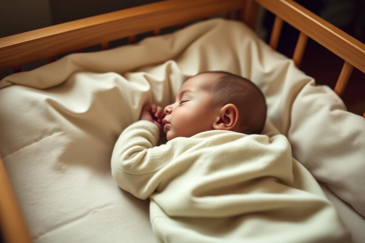 Bébé endormi sur le dos en gigoteuse dans un lit à barreaux en bois